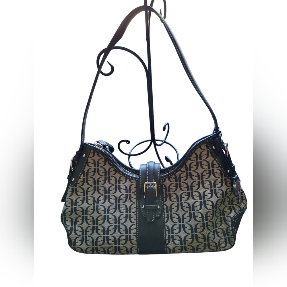 Fossil Gray and Black Monogram Canvas Shoulder Bag